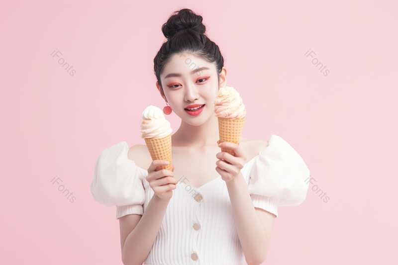 粉色背景手拿冰淇淋的可爱女孩,高清,摄影图,摄影图片,图片大全,摄影图免费下载